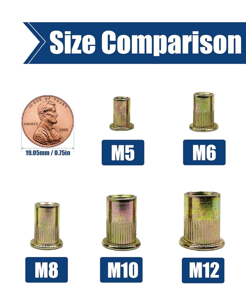 ELEFOCUS 30PCS M12 x 1.75 Rivet Nuts, Made of Carbon Steel with a zinc-Plated Finish, Featuring a Flat Head and Threaded Insert knurled Nutsert Kit - Image 4